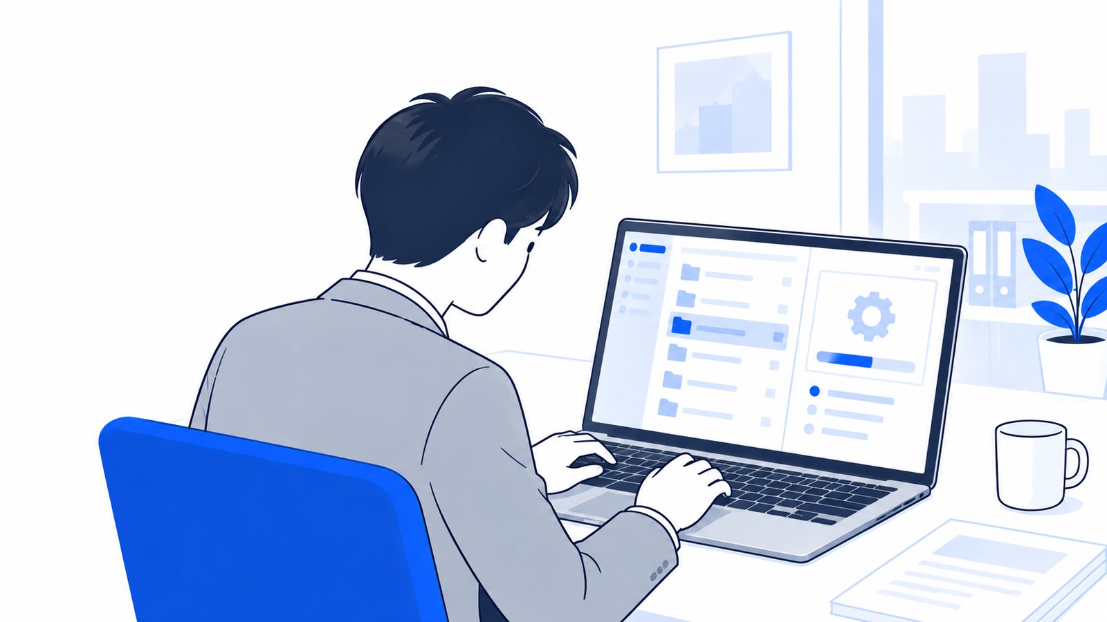 ノートPCでリポジトリを選び、環境の準備を進める会社員