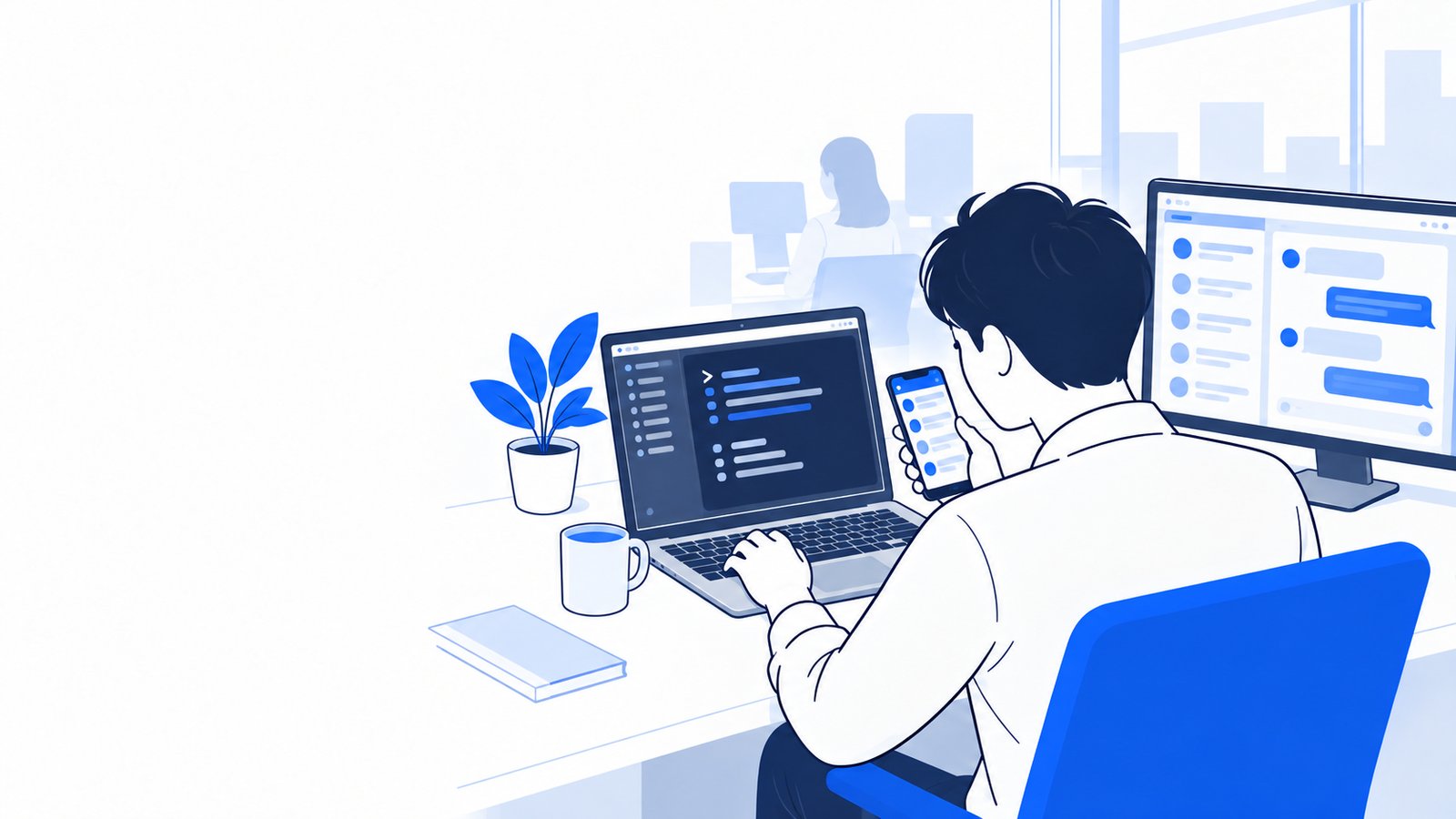 CLI・スマホ・チャットなど、いくつかの画面からクラウドの作業を見ている担当者
