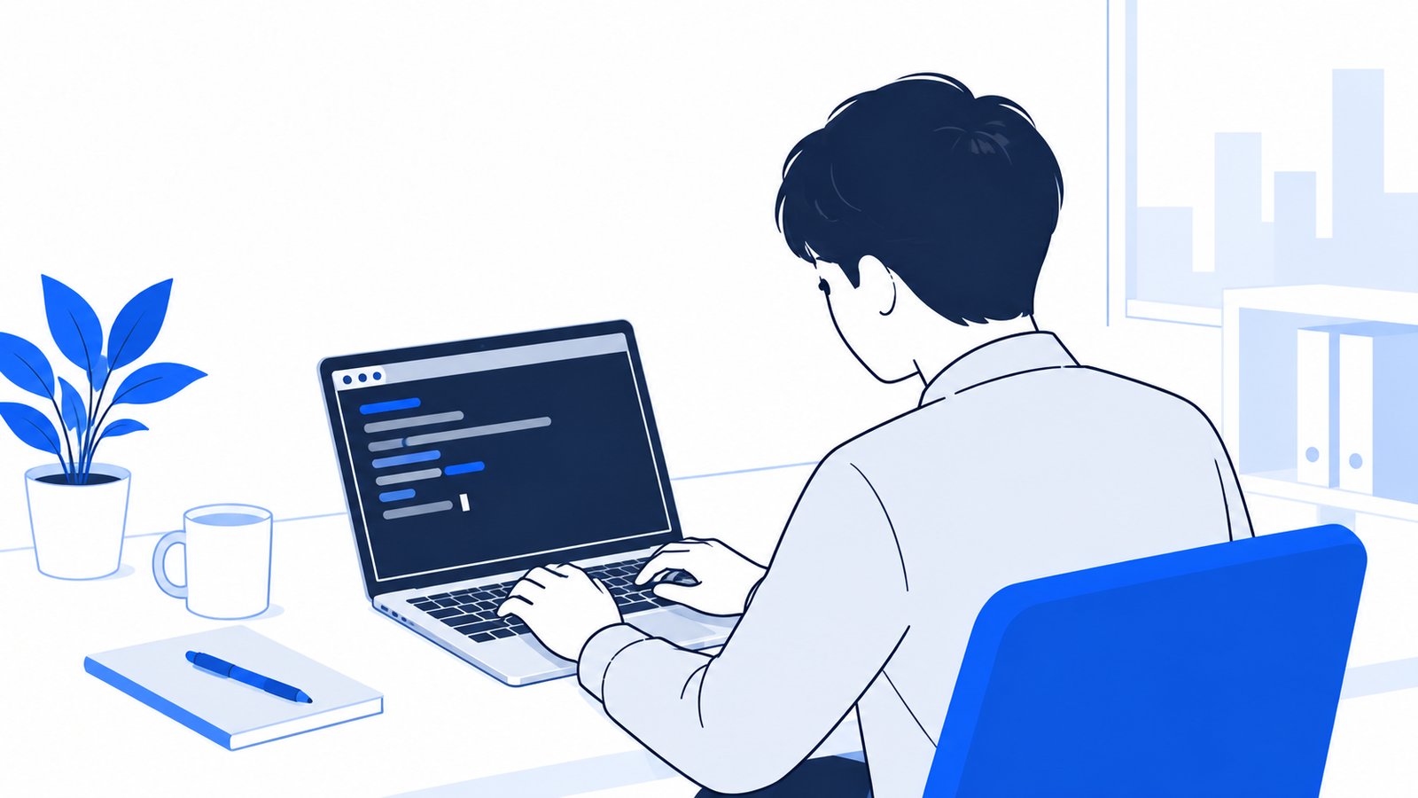ノートPCでターミナルにコマンドを入力し始める会社員