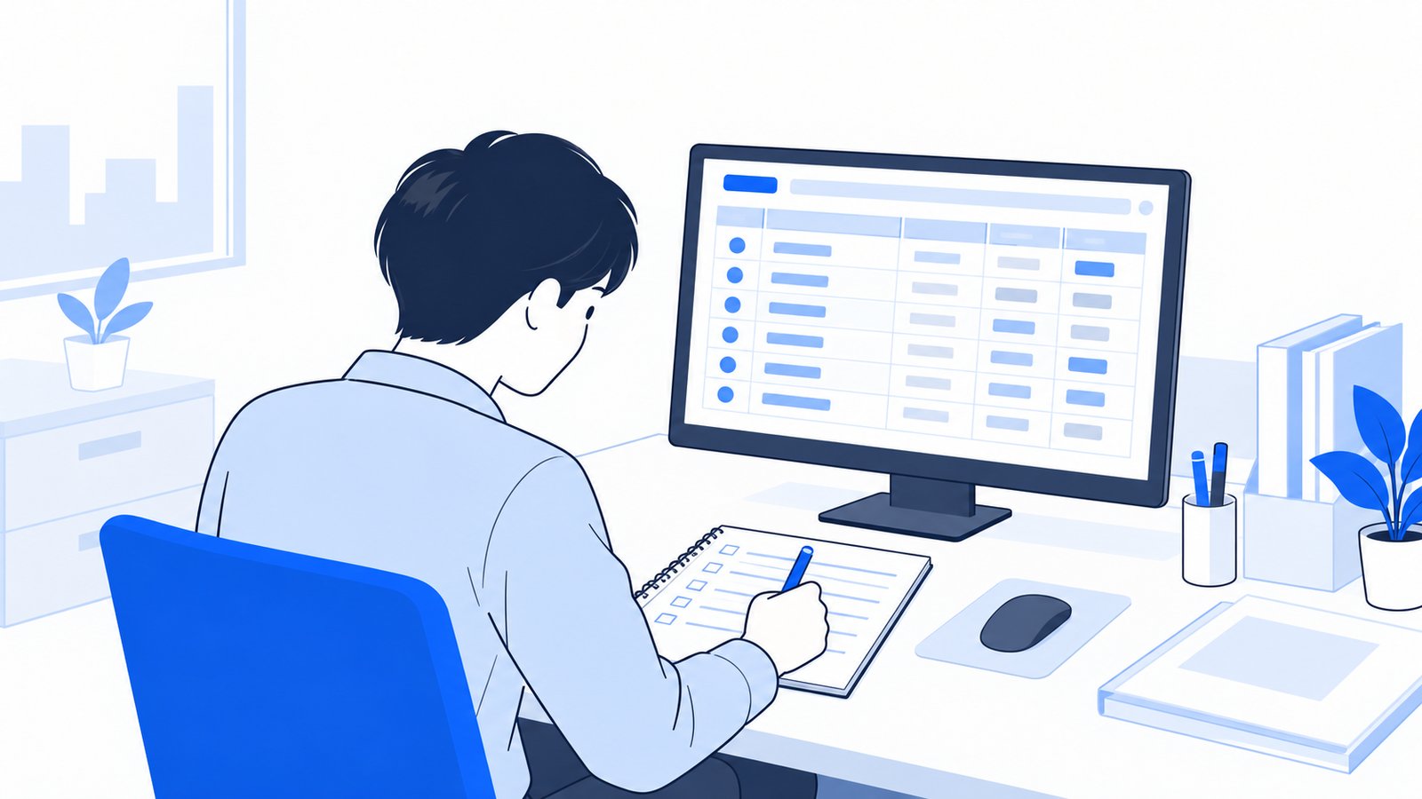 コマンドの一覧表を見ながらメモを取る担当者