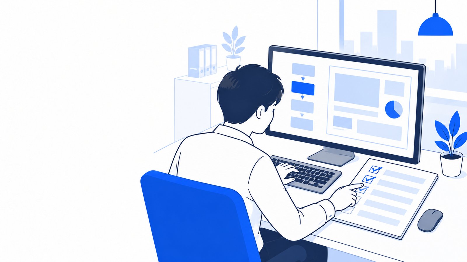 仕事の場面ごとに手順を確認しながらPCで作業する会社員