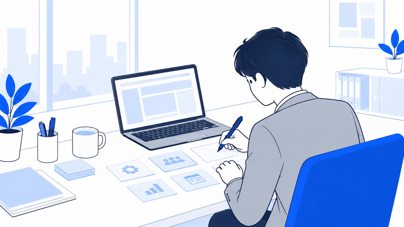 会社員がノートPCの前で、AIに任せたい作業の種類を紙のメモに書き出して整理している場面