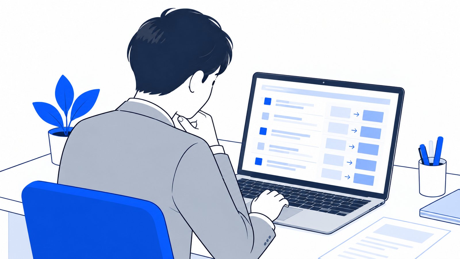 ノートPCの画面に表示された変更点の一覧を、会社員が肩越しの構図で確認している場面