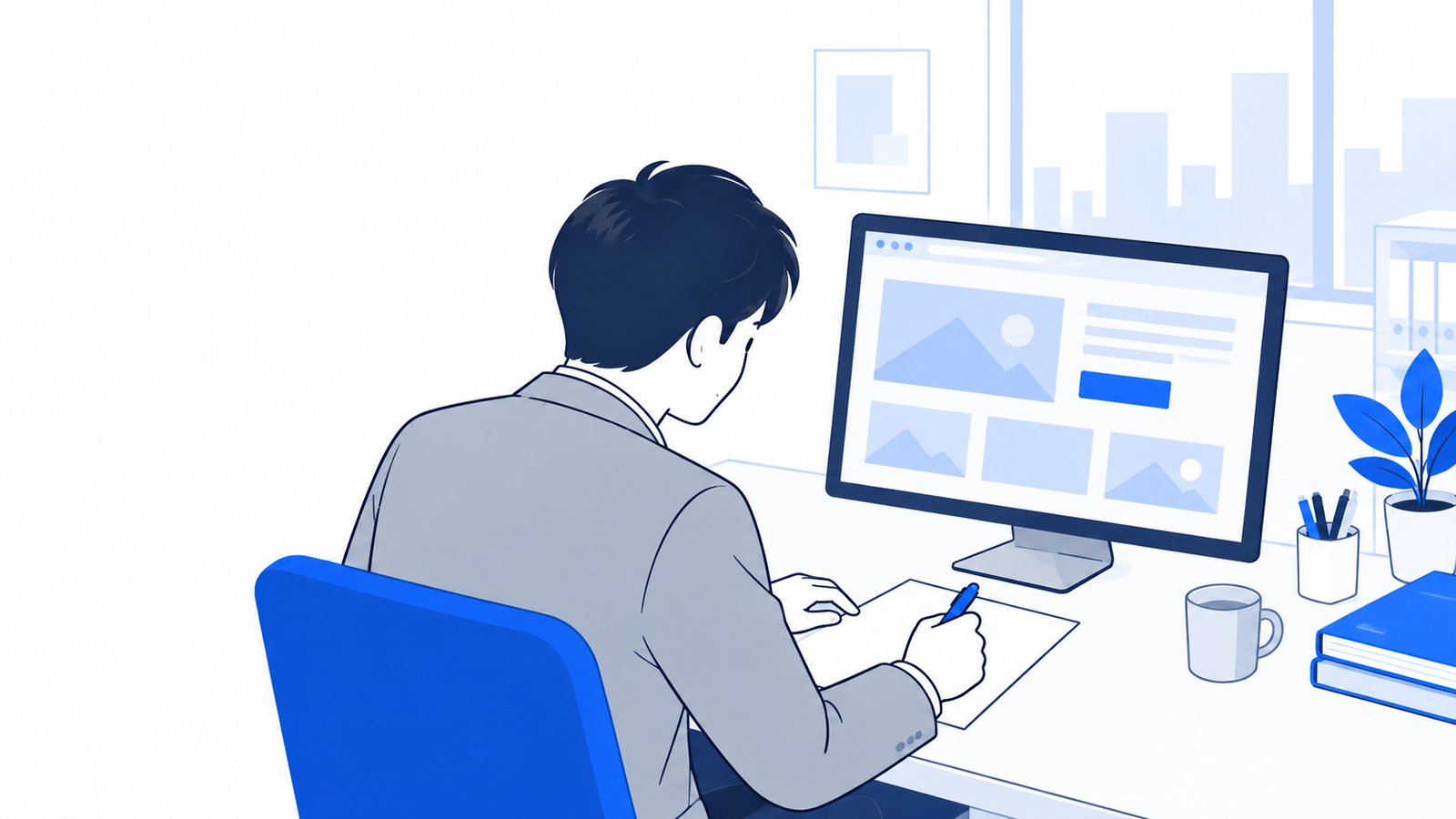 ブラウザに表示した画面を見ながら、会社員が修正の指示を書いている場面