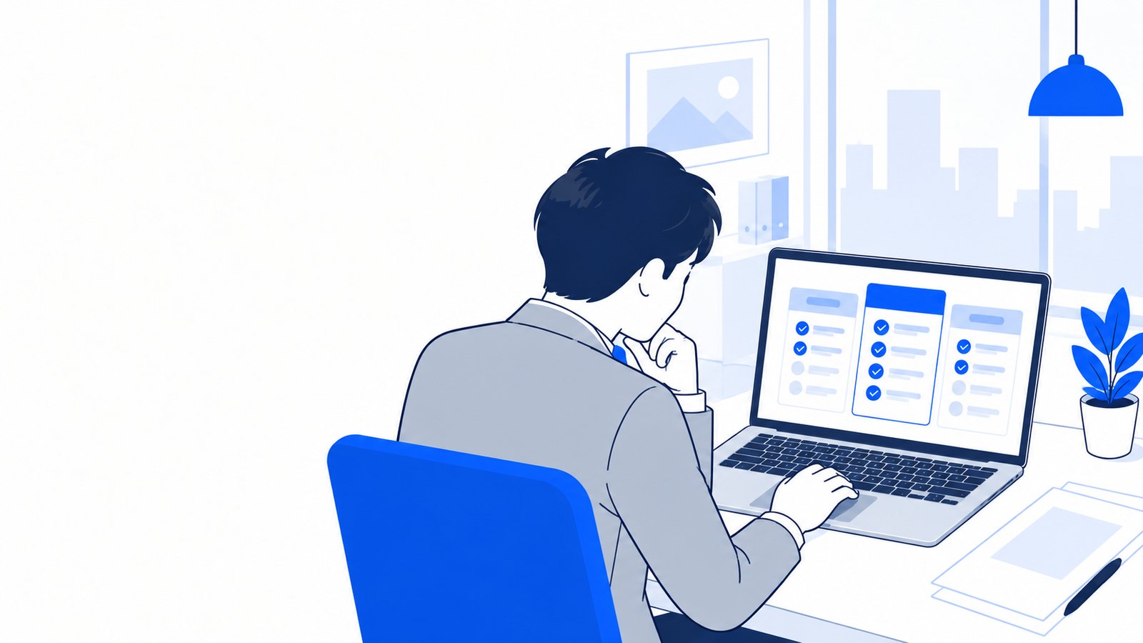 会社員がノートPCで料金プランの表を見ながら無料の範囲を確かめている