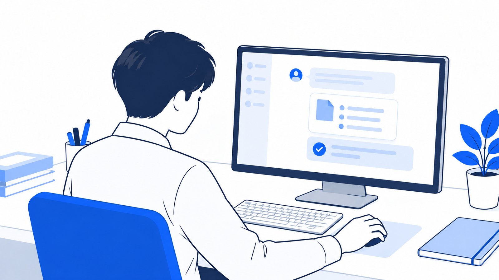 会社員がデスクトップアプリで簡単な作業をCodexに頼んでいる様子を肩越しに見た場面