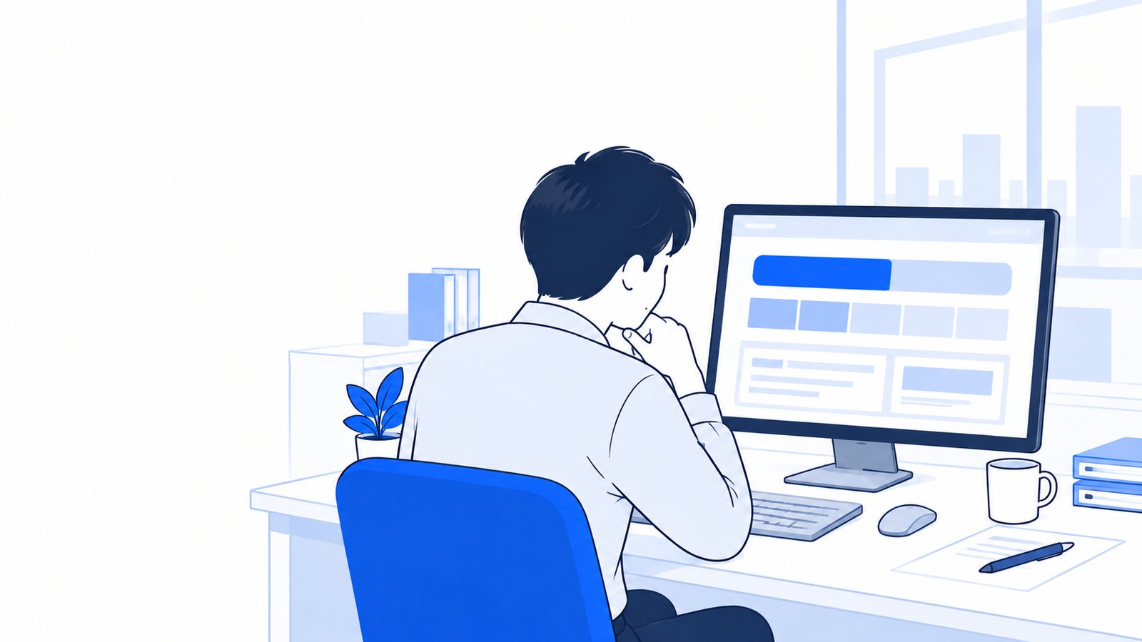 会社員が使用量の表示を見て、続けられる作業の量を考えている