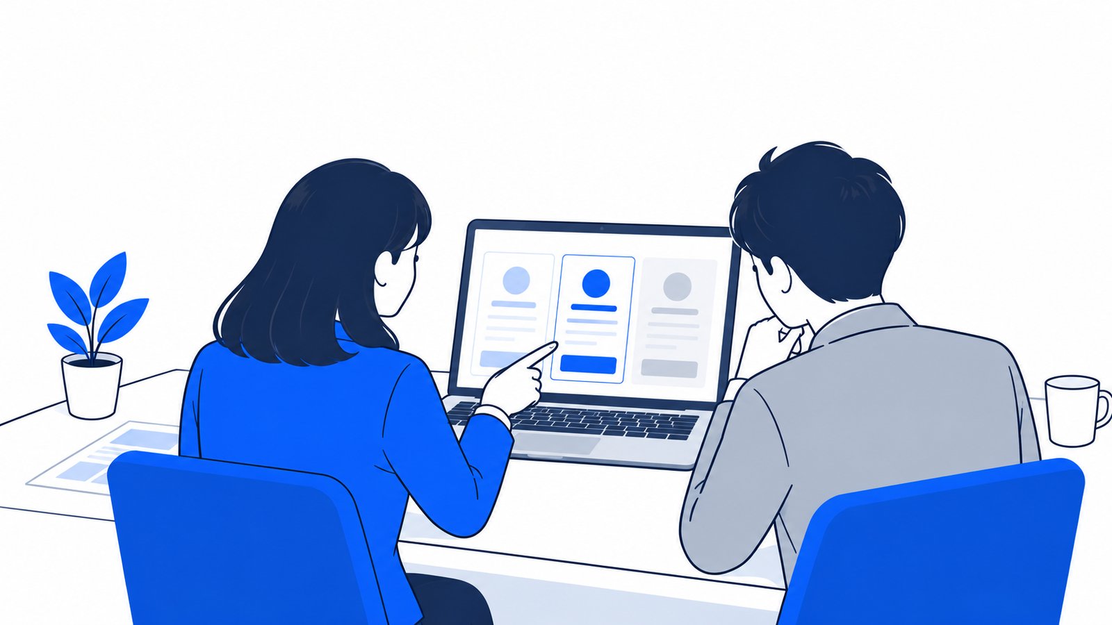 二人の社員がノートPCを前に、Free・Go・Plusのカードを見比べて相談している