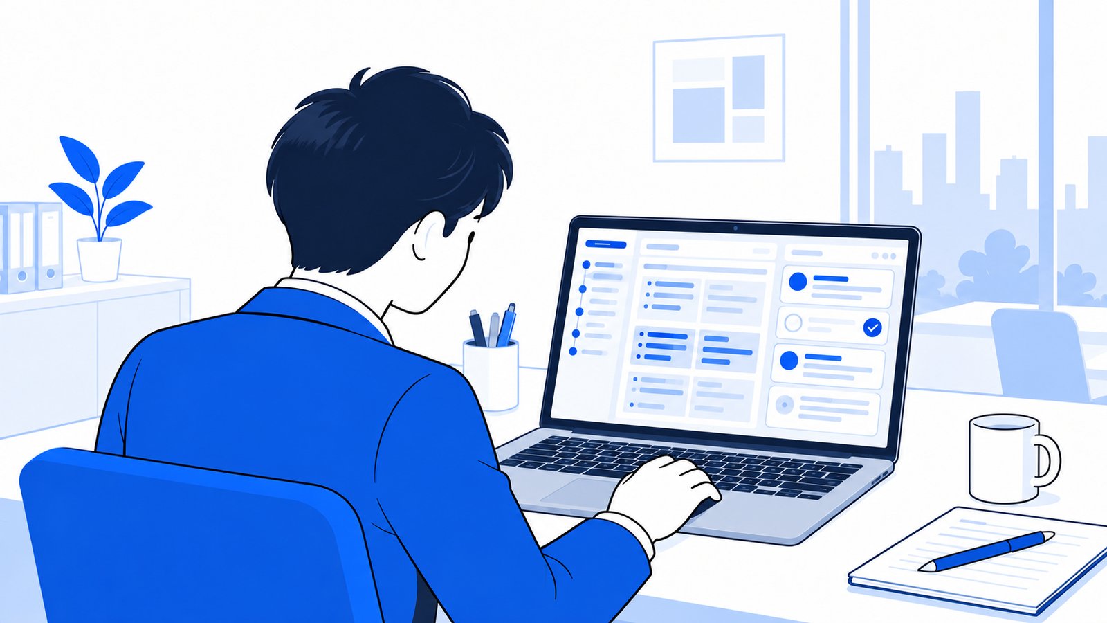 会社員がノートPCでGitHubのプルリクエスト画面を見ながら、Codexのレビューを確認している場面