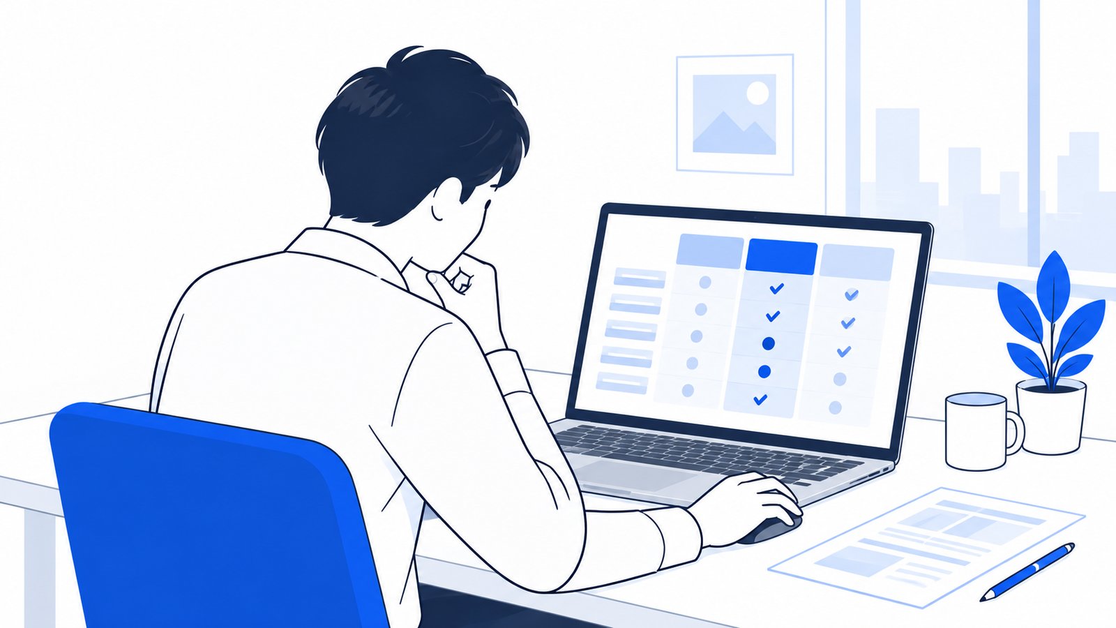 プランの一覧表を見ながら、使う機能を確かめている会社員