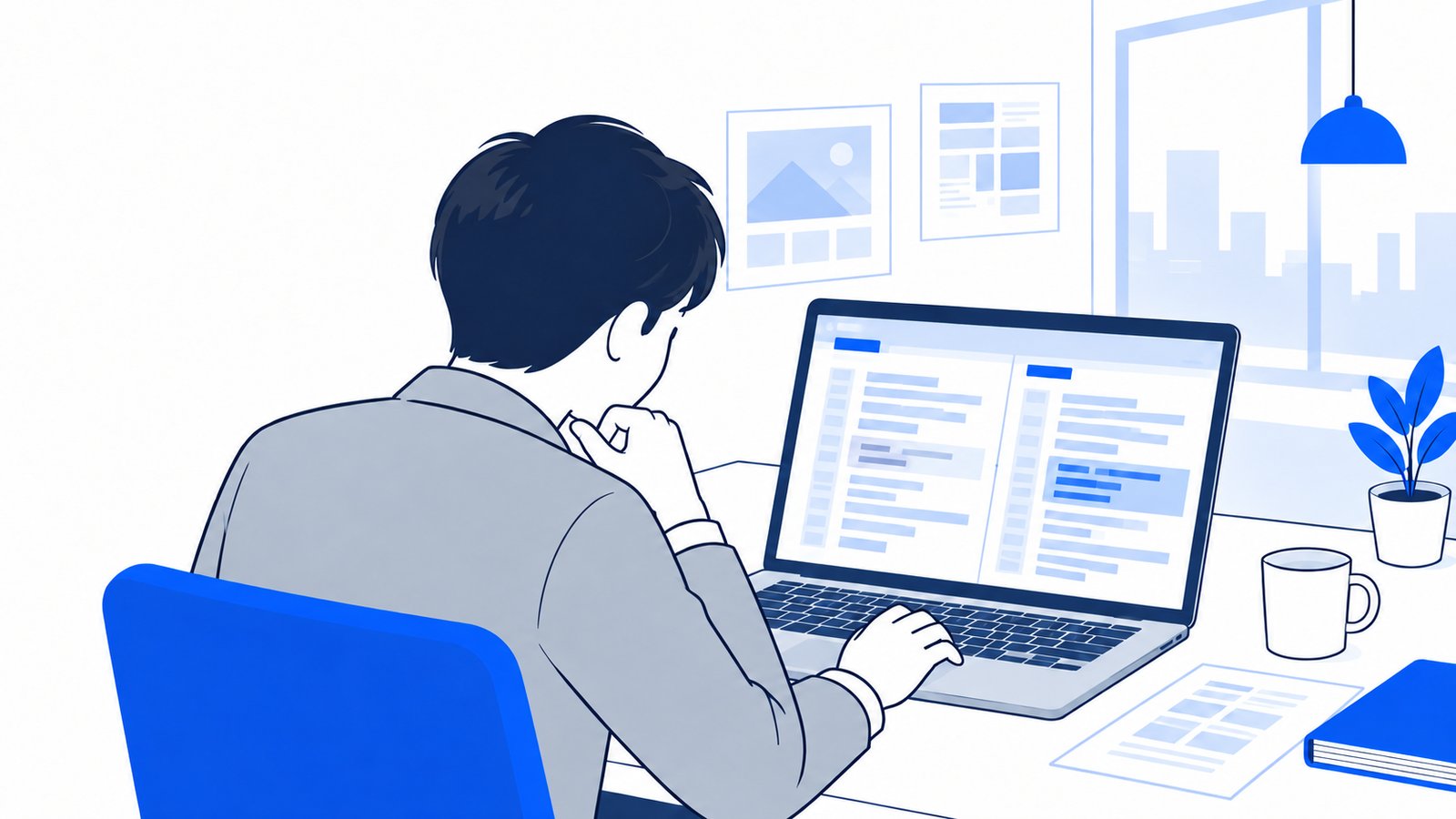 クラウド環境の画面で、Codexが作った変更の差分を確認する会社員
