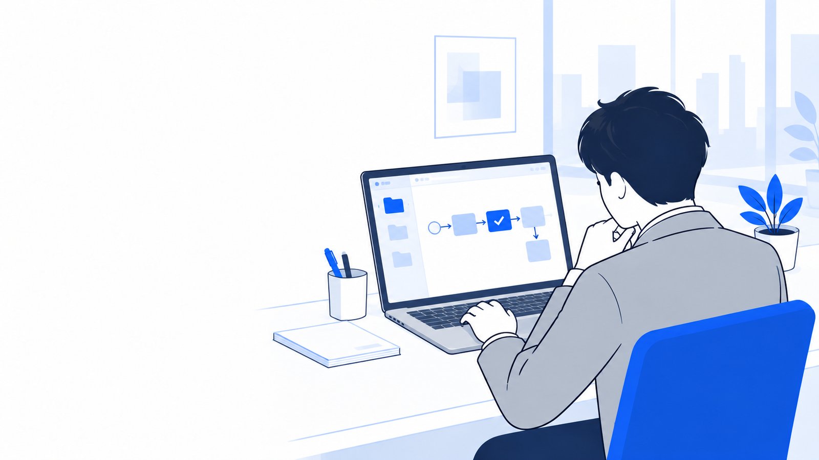自動実行の設定ファイルを開き、レビューの流れを確認している会社員