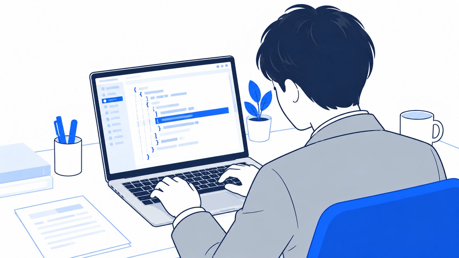 PCでhooks.jsonを開いて、動かすスクリプトの場所を書き込んでいる会社員の手元