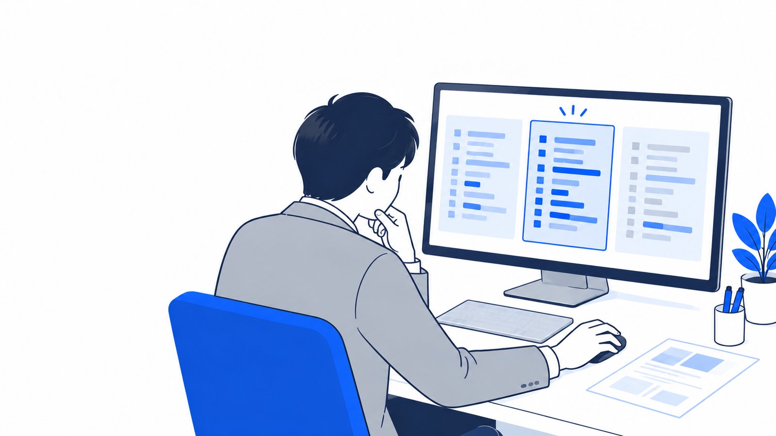 PCの画面に並んだ複数のスクリプトの例を見比べて、自分の環境に合うものを選ぶ会社員