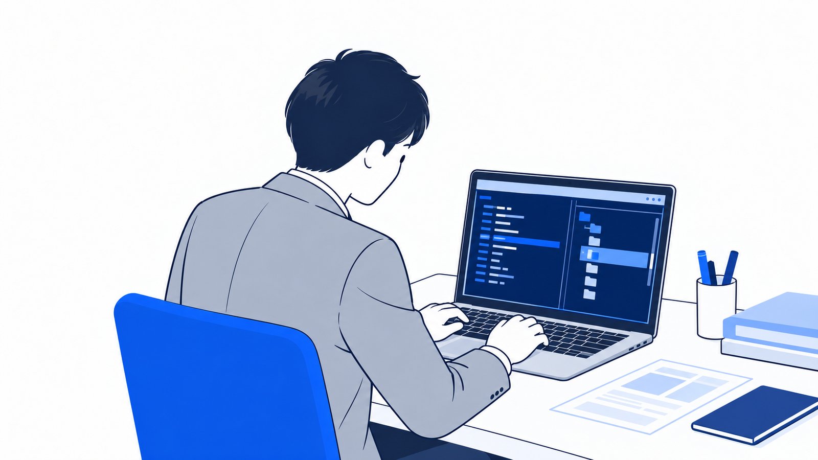 Windowsのノートパソコンで、PowerShellの画面を見ながらスクリプトの場所を確認する会社員