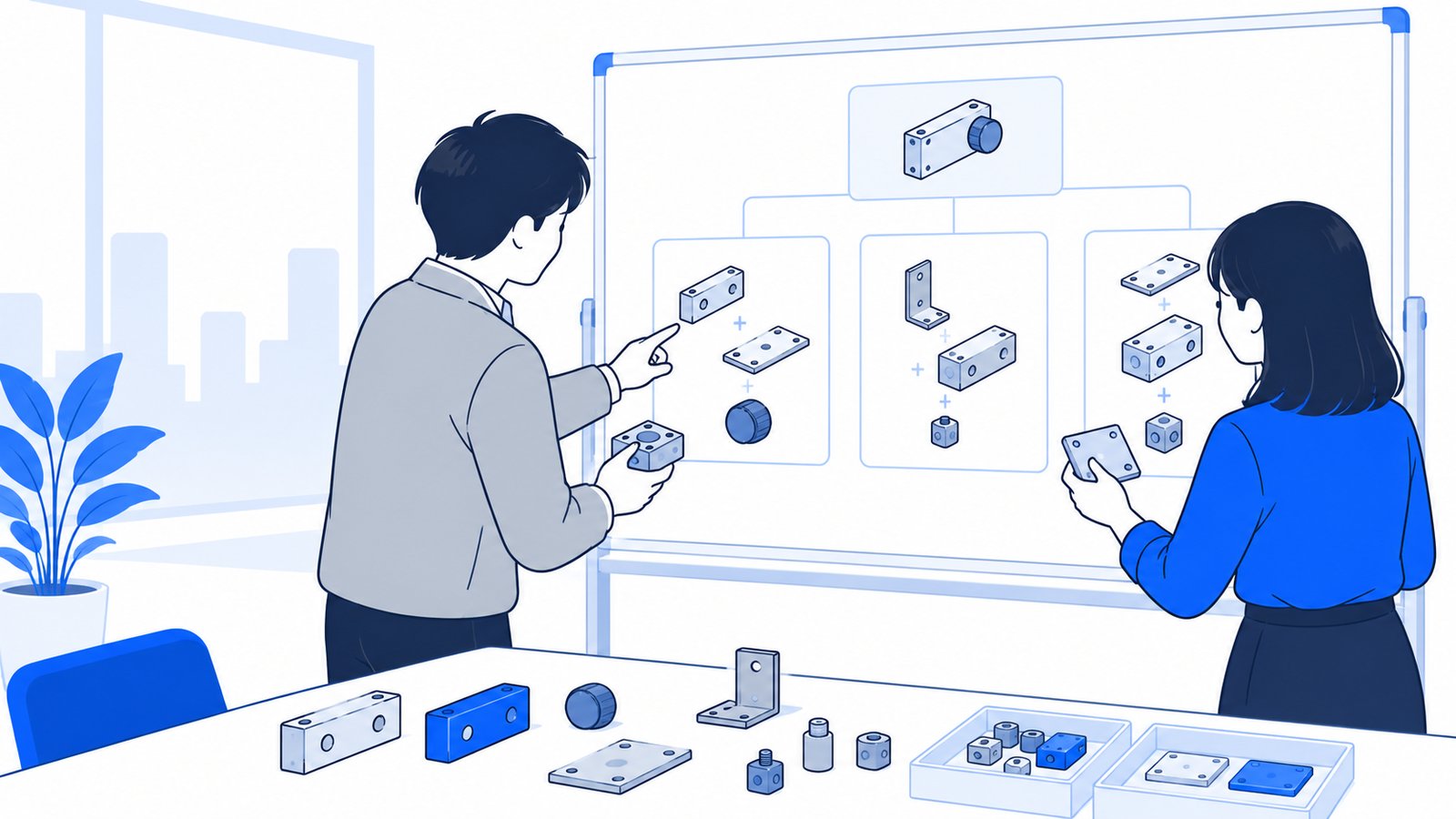 複数の部品を並べて、用途ごとの組み合わせをホワイトボードで整理しているエンジニアと事務担当