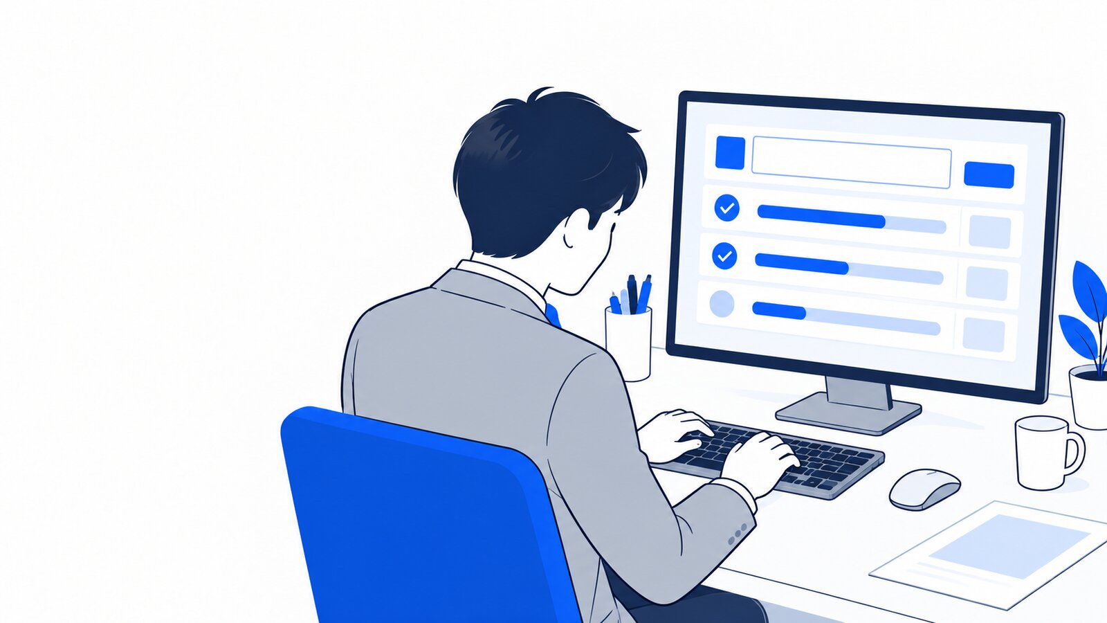 デスクでアプリに依頼を入力し、作業の進み具合を見守る会社員