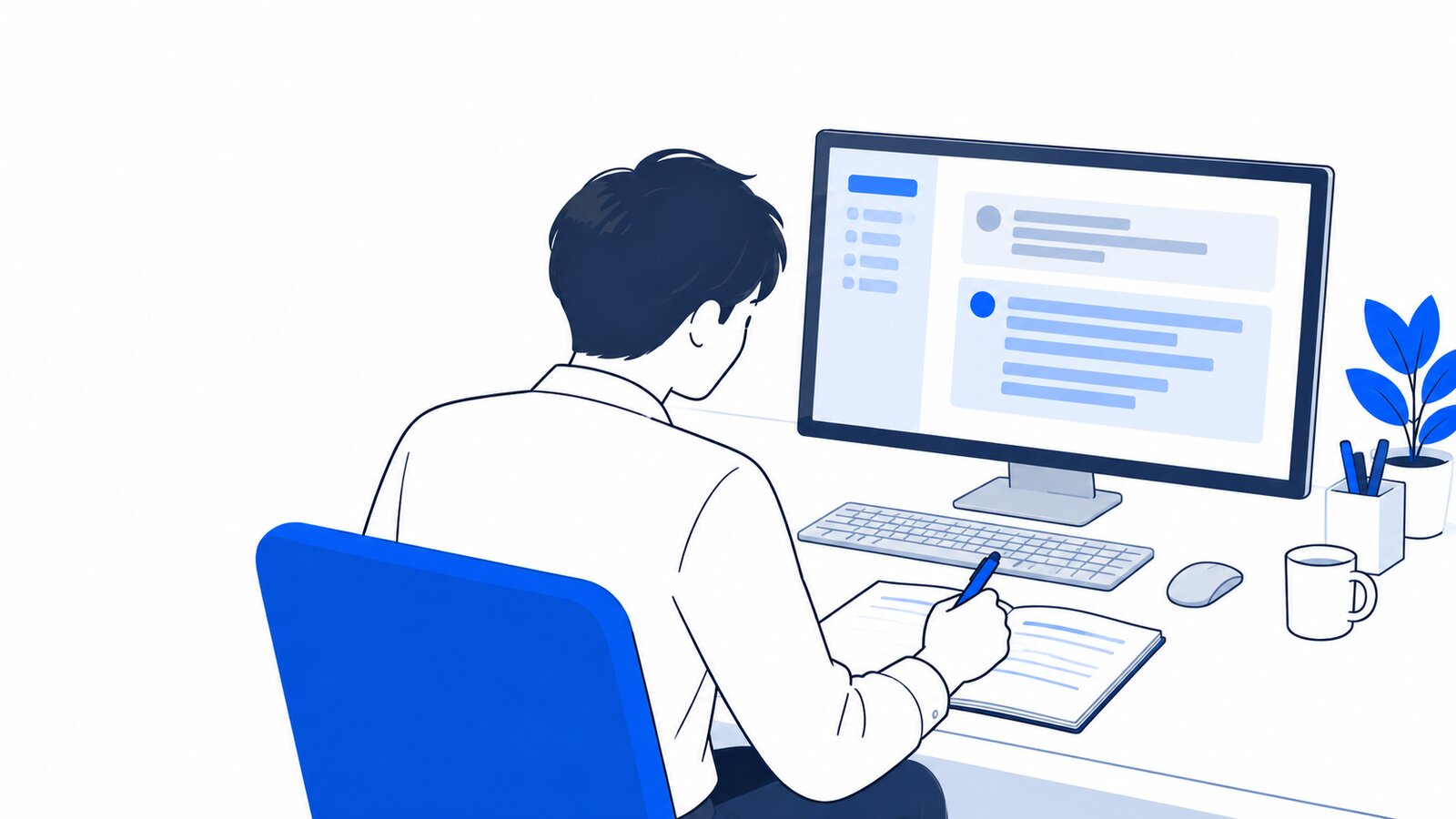 ターミナルに表示されたAIの返答を読みながらメモを取るエンジニア