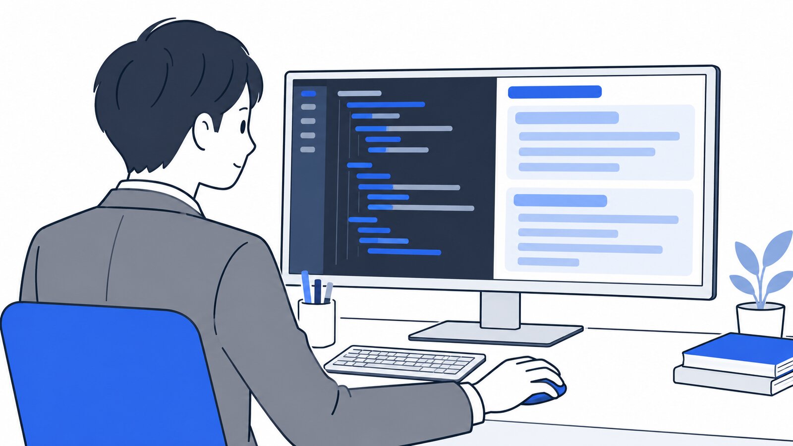 エディタの横に開いたAIの画面で、コードの説明を読んでいる人