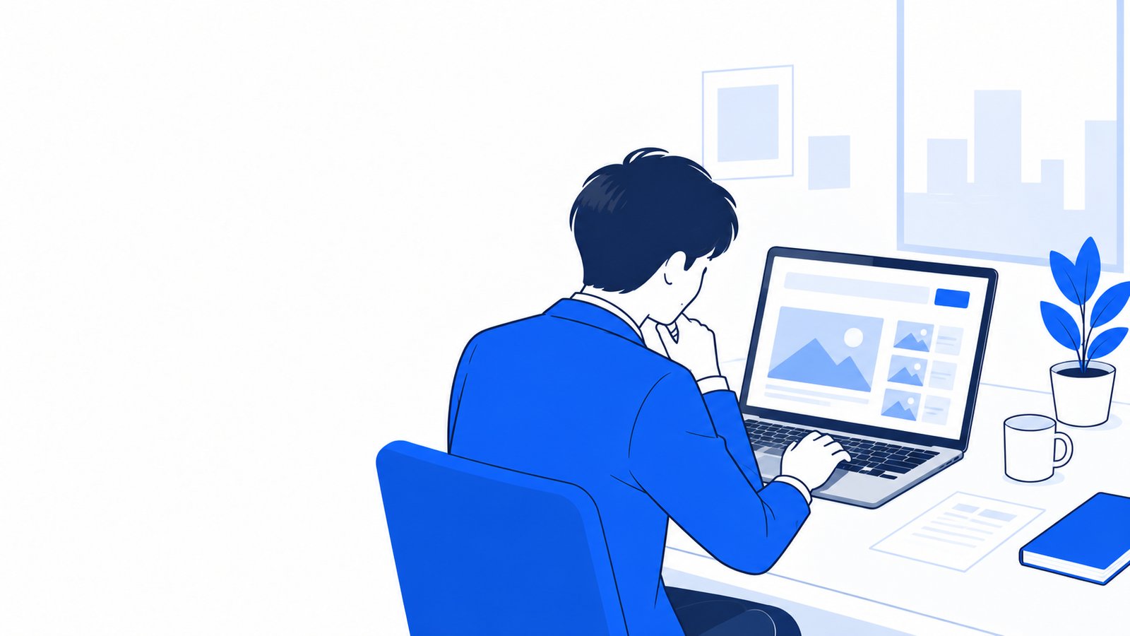 ノートPCの画面を見ながら、Codexで画像を作れるかを調べている会社員