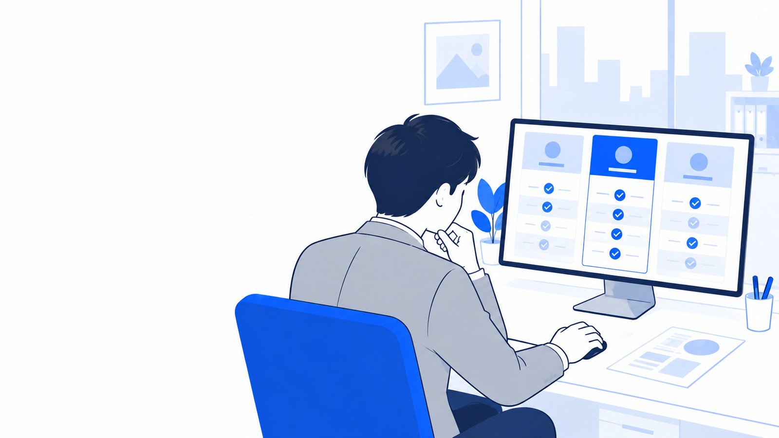 料金プランの表をPCで見比べて、使えるプランを確かめている会社員