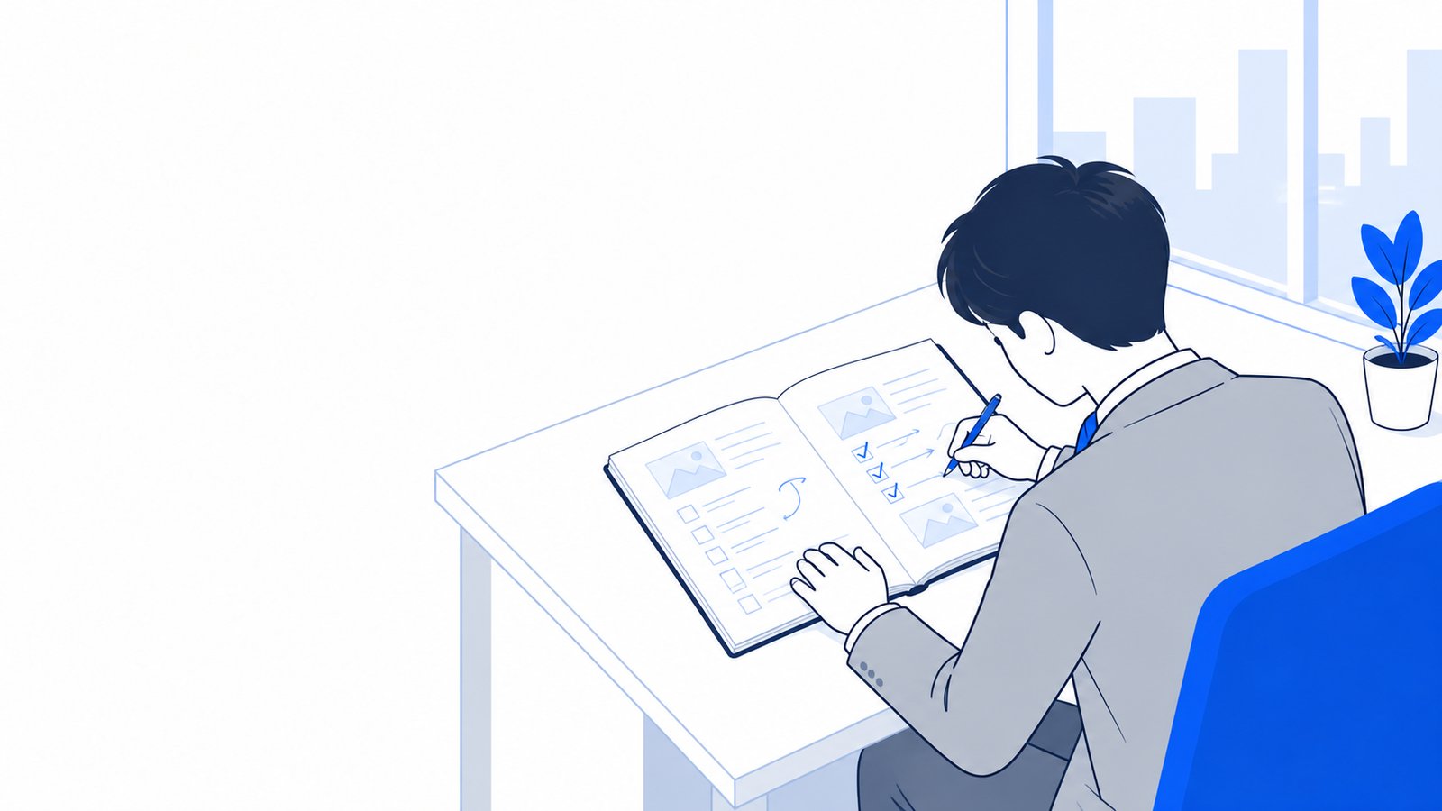 メモ帳に画像の要望を書き出して、指示文を整理している会社員