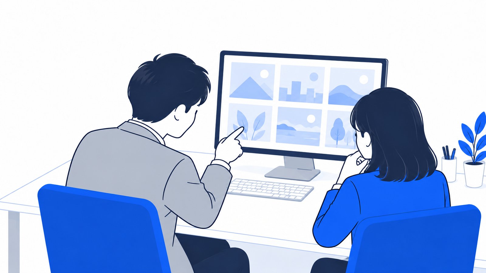 営業と広報の担当者が、生成された画像の案をPCの画面で見比べている様子