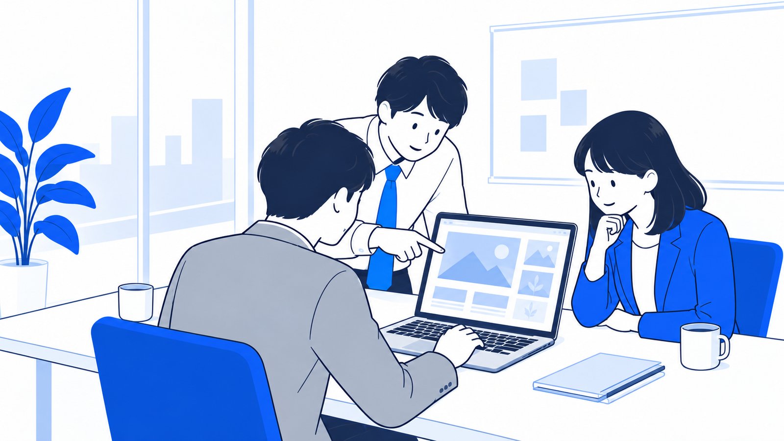 会議室で、生成した画像の使い方を確認し合っている担当者