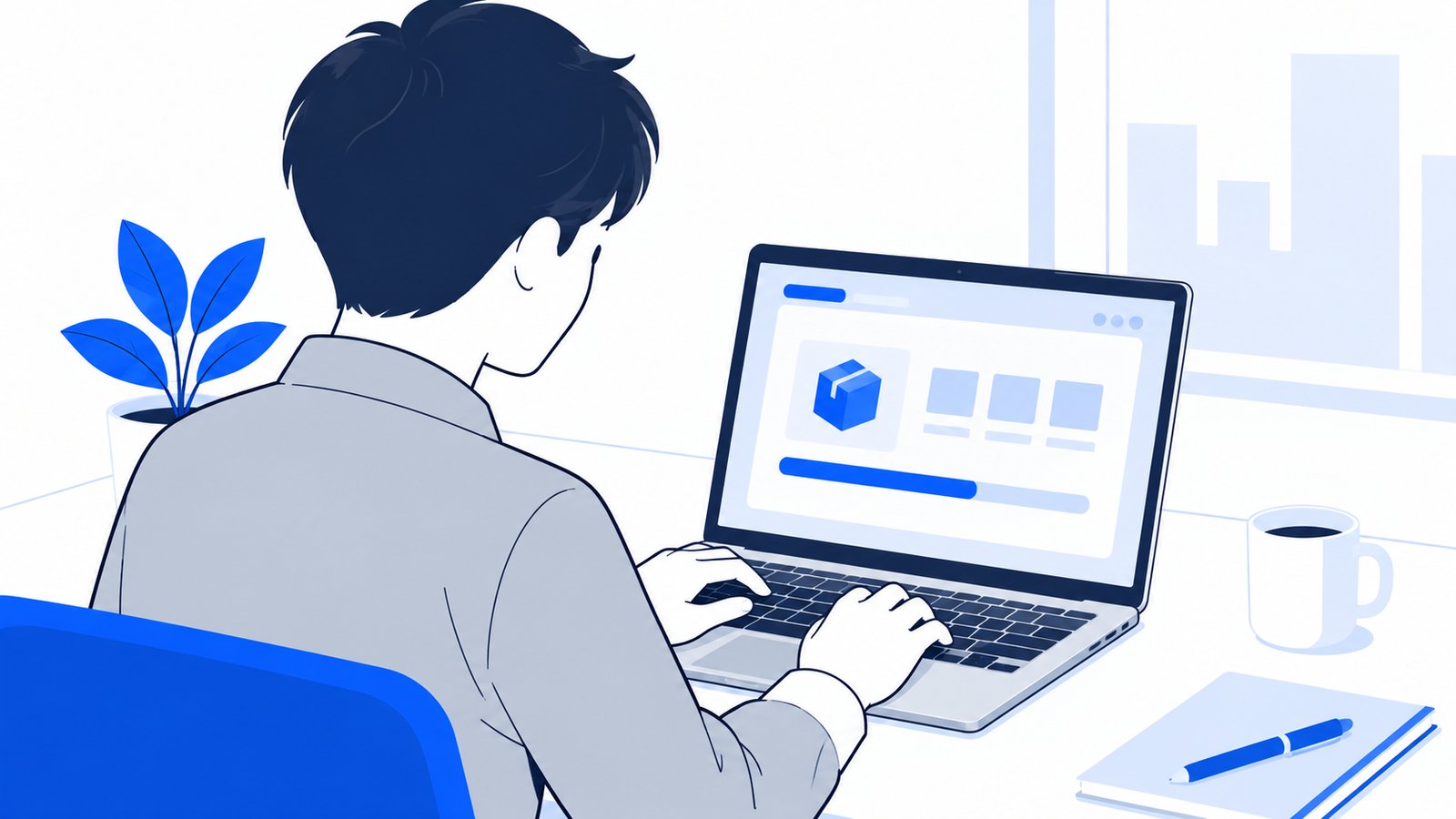 Linuxのノートパソコンでパッケージをインストールしている手元と、本人に向いた画面