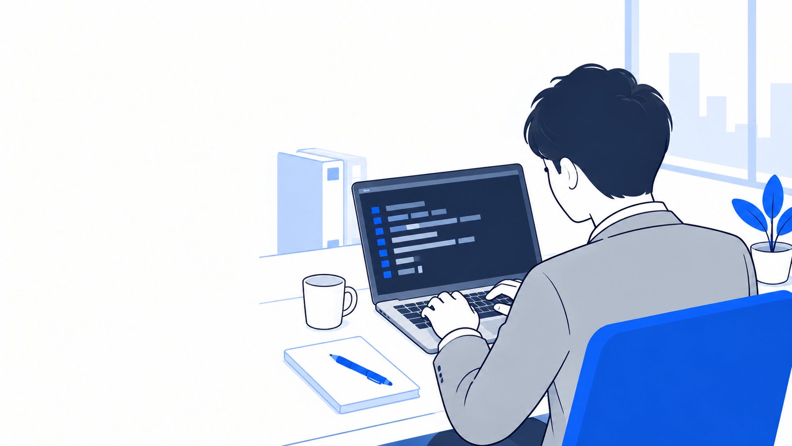 Linuxのターミナルにコマンドを入力している会社員を、肩越しに見る構図