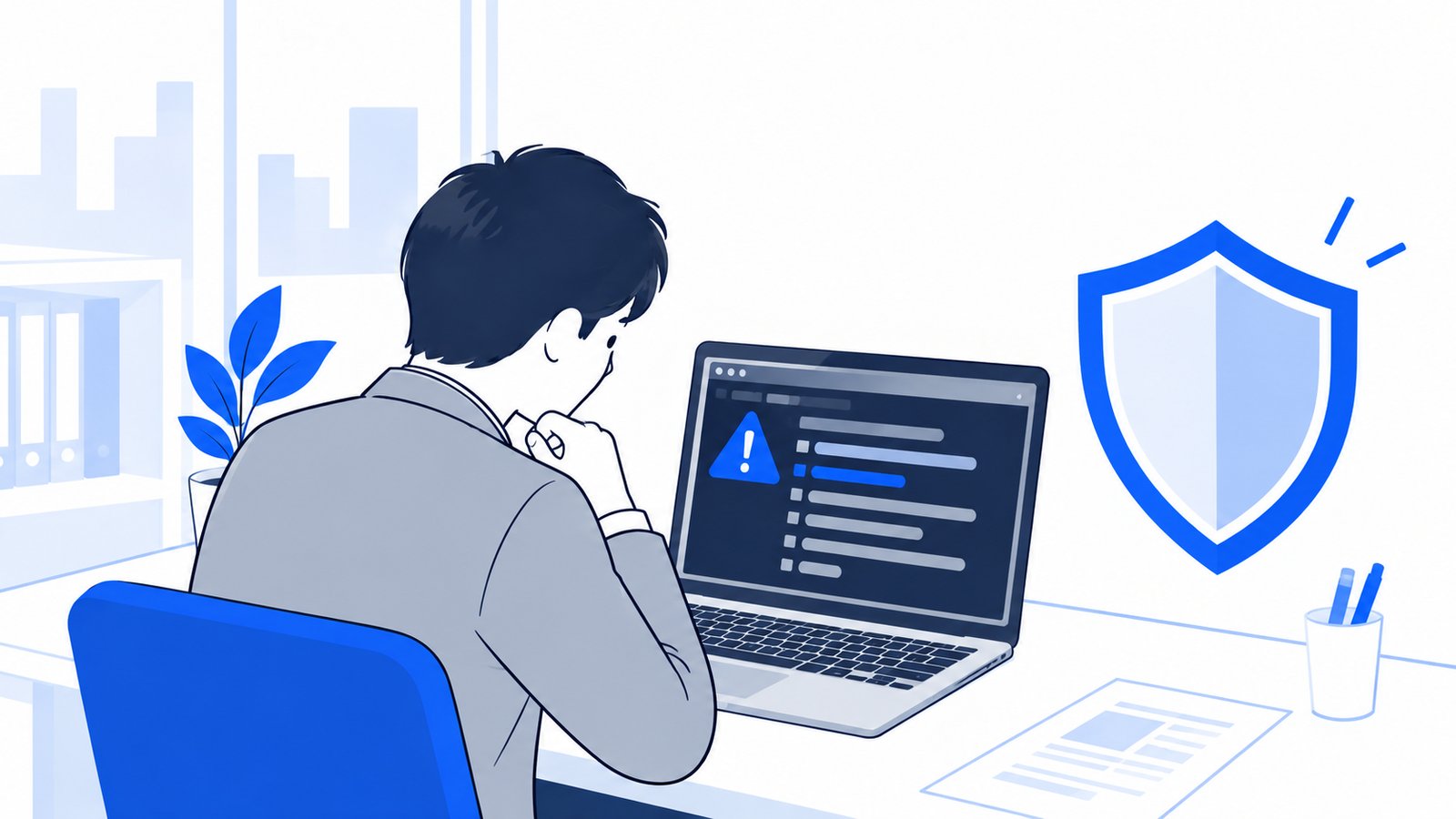 盾のアイコンの横で、Linuxのターミナルの警告メッセージを確かめる会社員
