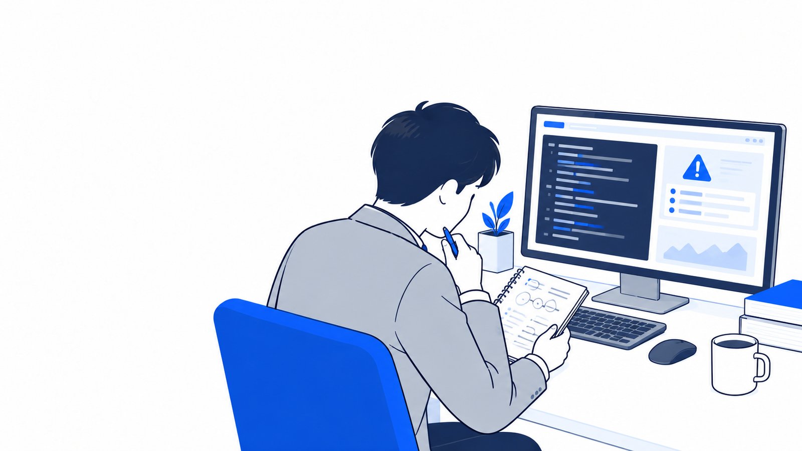 メモを見ながらLinuxの画面でエラーの原因を探す会社員
