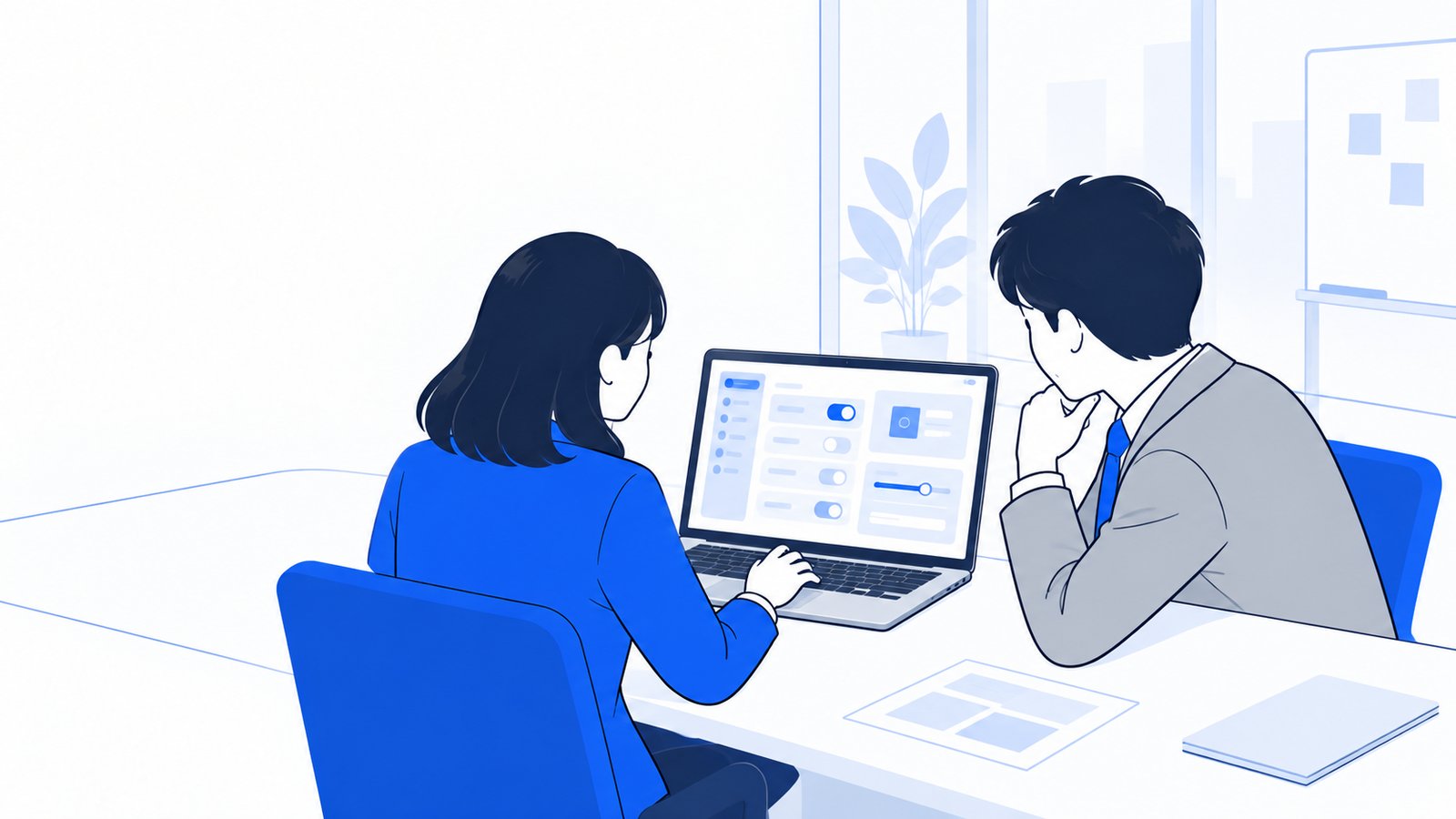 会議室でノートPCの設定を見せながら情報システムの担当者と話す会社員