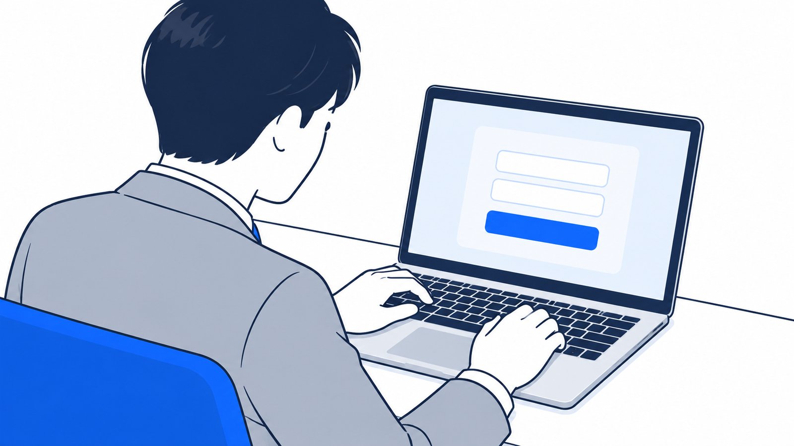 ノートPCのログイン画面を操作する会社員の手元