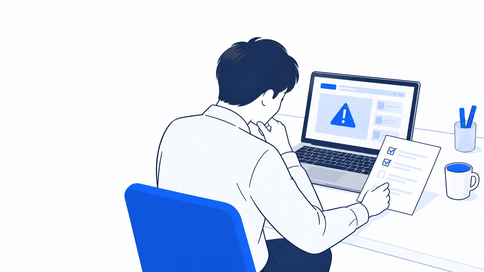 ノートPCのエラー表示を前に、メモを見ながら原因を探す人