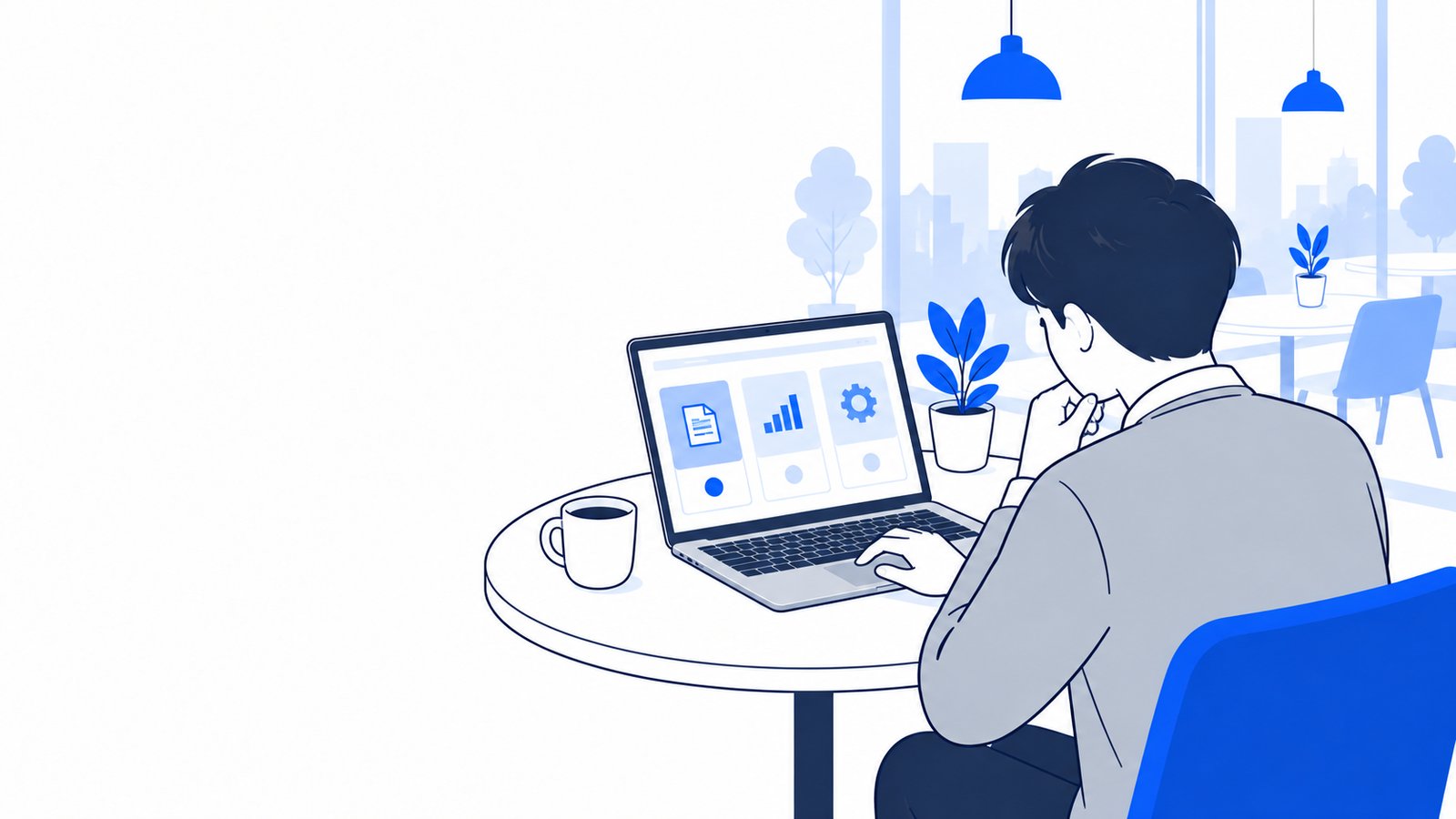 カフェのテーブルでMacBookを開き、使い方を選んでいる会社員