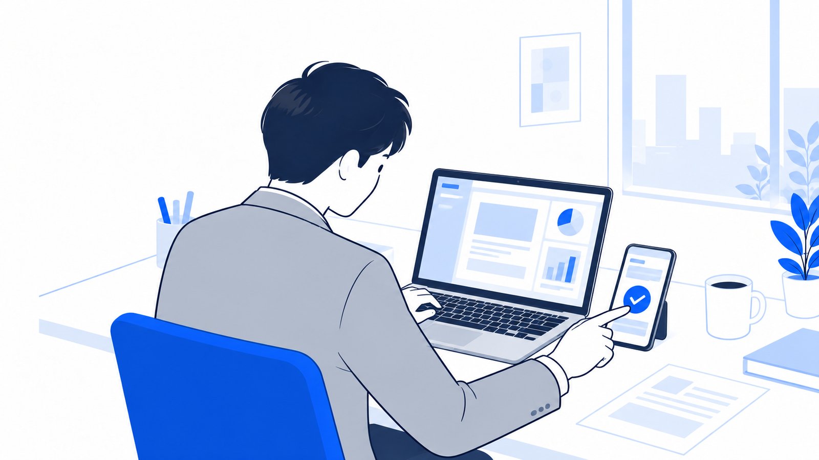 MacBookの画面を見ながら、横に置いたスマホで作業の承認をしている会社員
