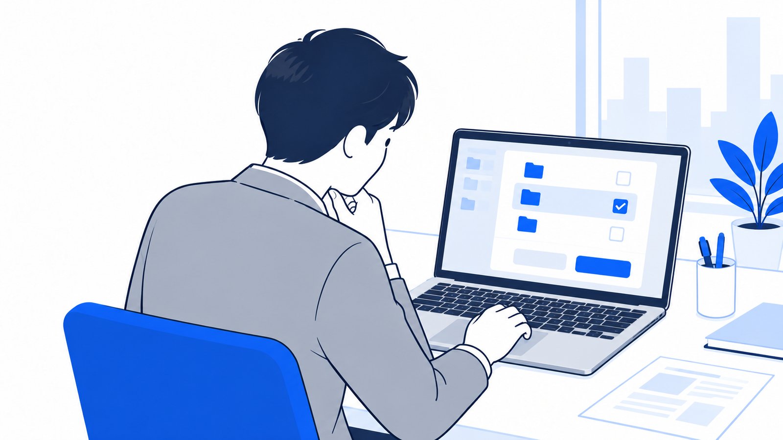 MacBookの確認画面を見て、許可するフォルダを選んでいる会社員