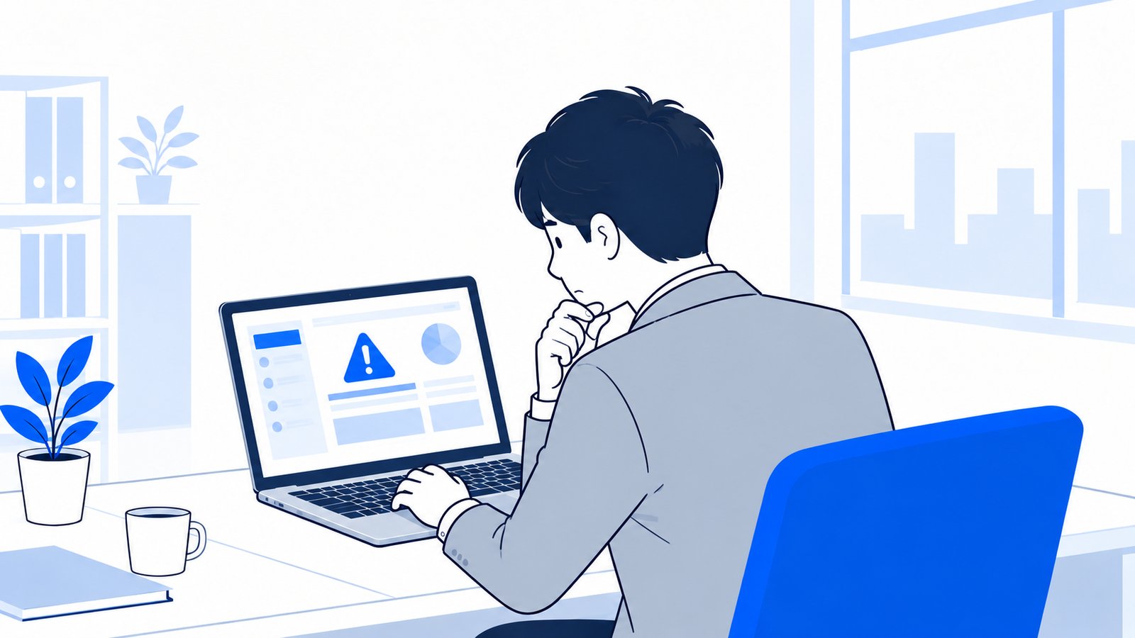 MacBookの画面を見ながら、困った顔で原因を探している会社員