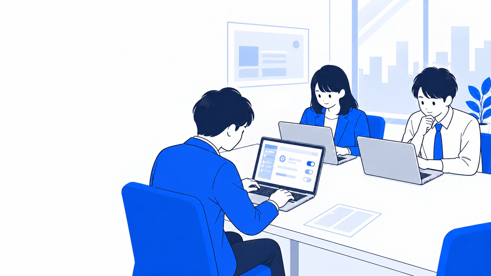 会議室で、担当者が複数のMacの設定を確認している様子
