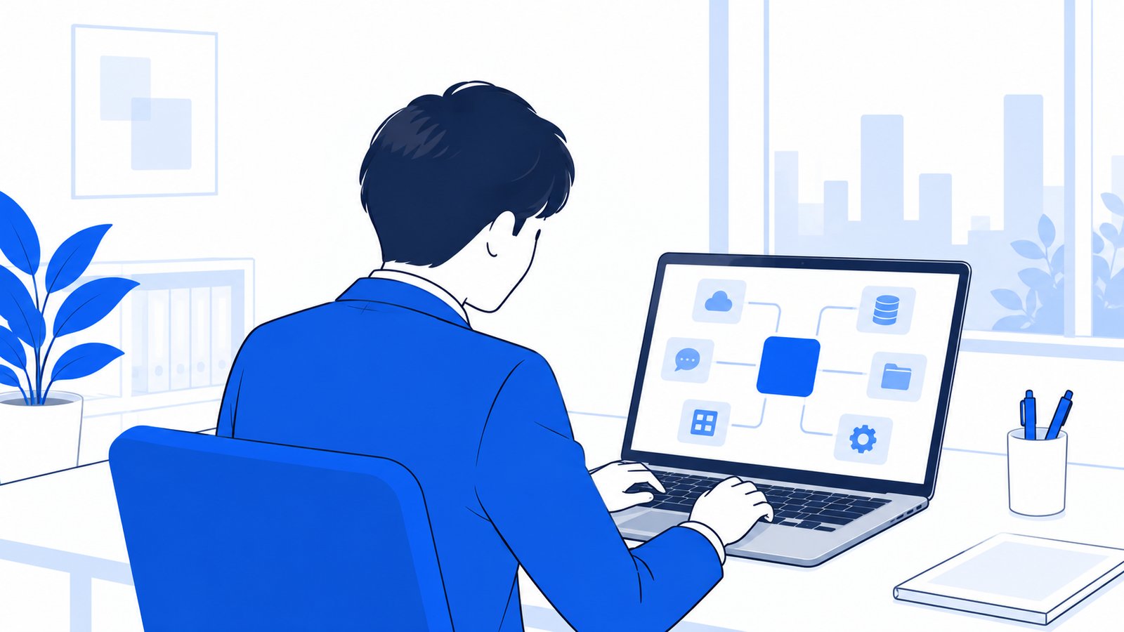 ノートPCの画面を前に、Codexと外部ツールのつながりを整理する会社員