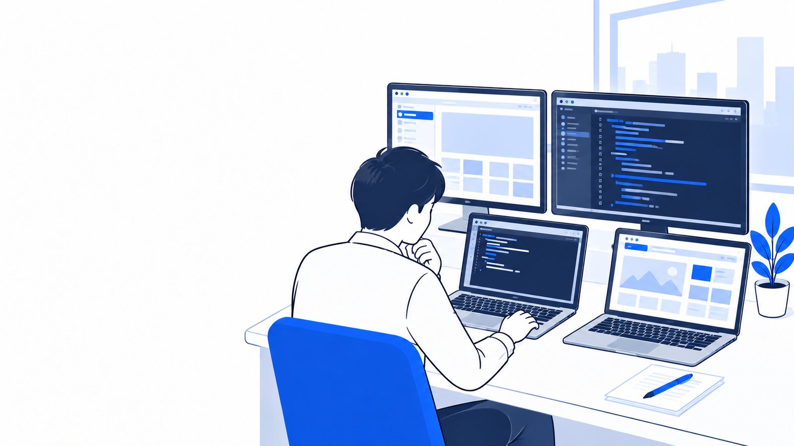 デスクトップアプリ・ターミナル・エディタ・Webの画面を見比べる会社員