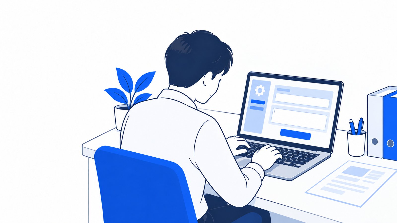 ノートPCの設定画面で、サーバーの名前とコマンドを入力する担当者