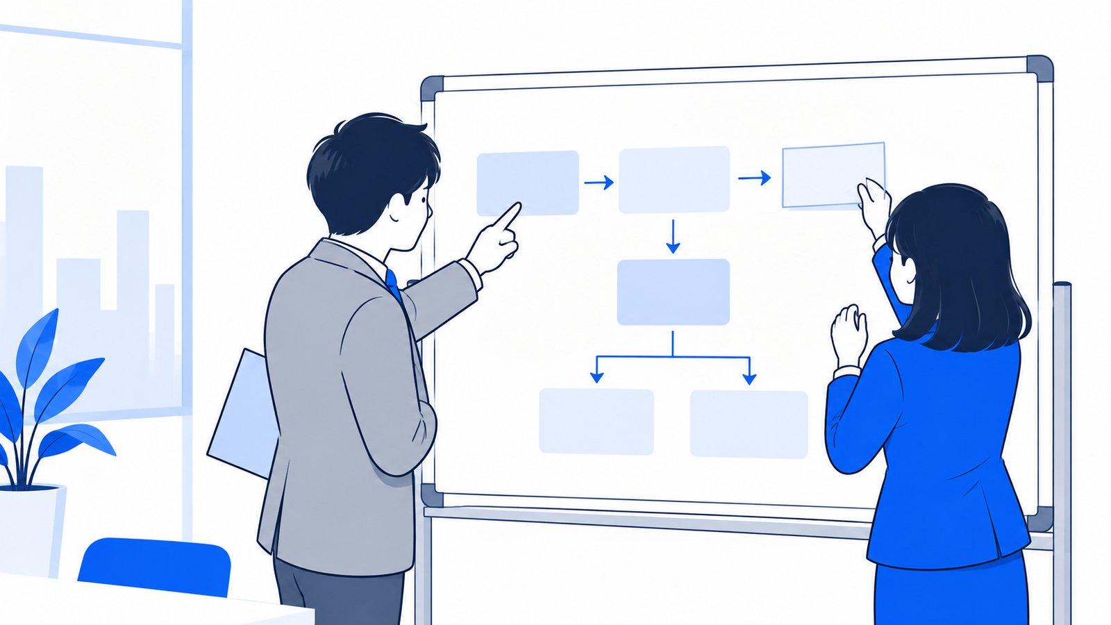 ホワイトボードの前で、Codexに任せる業務の流れを整理する二人