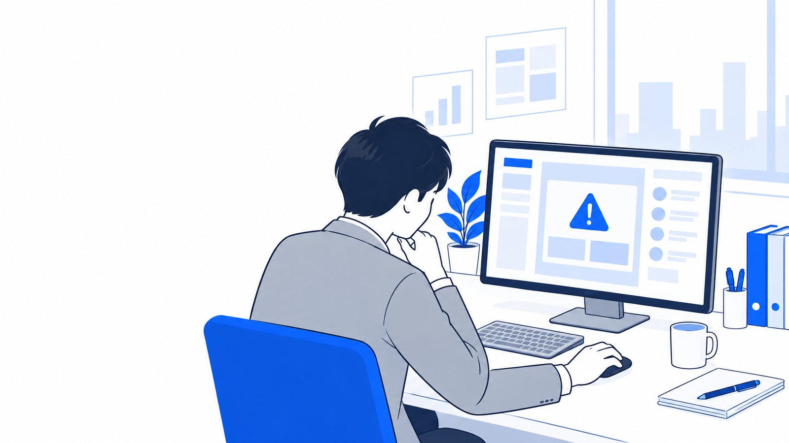 画面のエラー表示を見ながら、原因を探す担当者