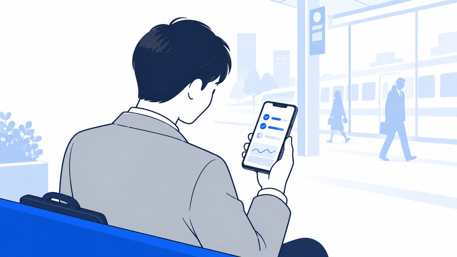 会社員が外出先でスマートフォンを持ち、Codexの作業の進み具合を確認している様子を肩越しに見た場面
