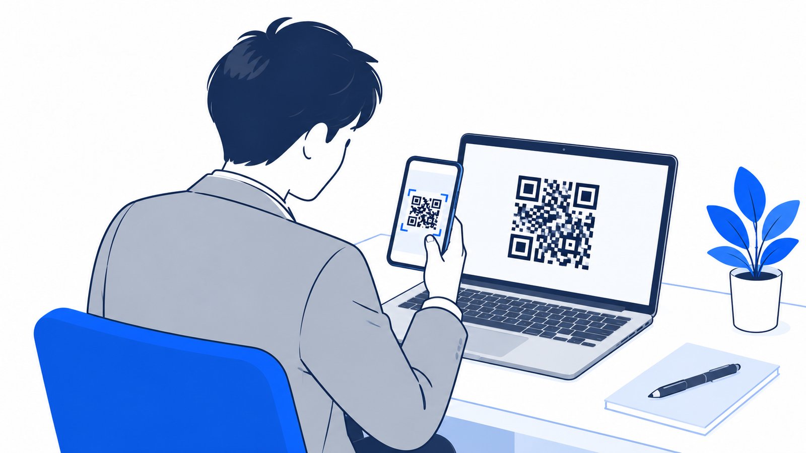 スマートフォンのカメラでノートパソコンの画面に出たQRコードを読み取っている会社員