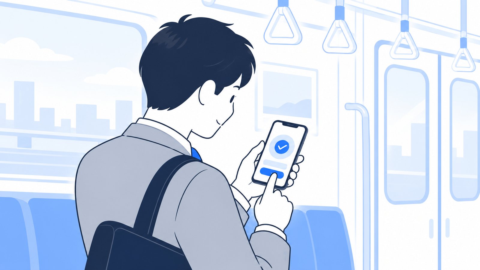 電車の中でスマートフォンに表示された承認の確認画面を見て、内容を確かめている会社員
