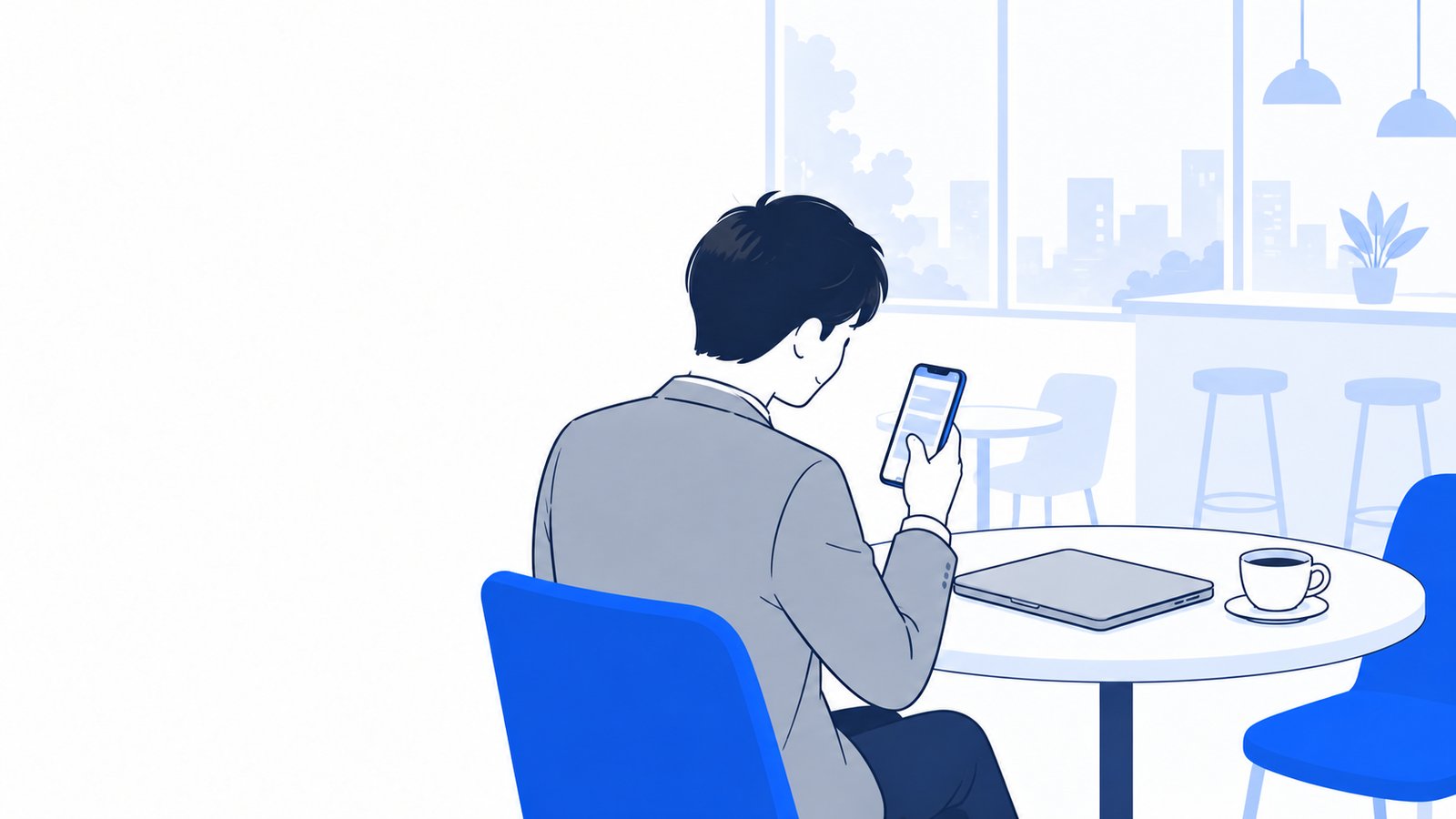 カフェでスマートフォンを見ながら、ノートパソコンを閉じて作業の結果を確認する会社員