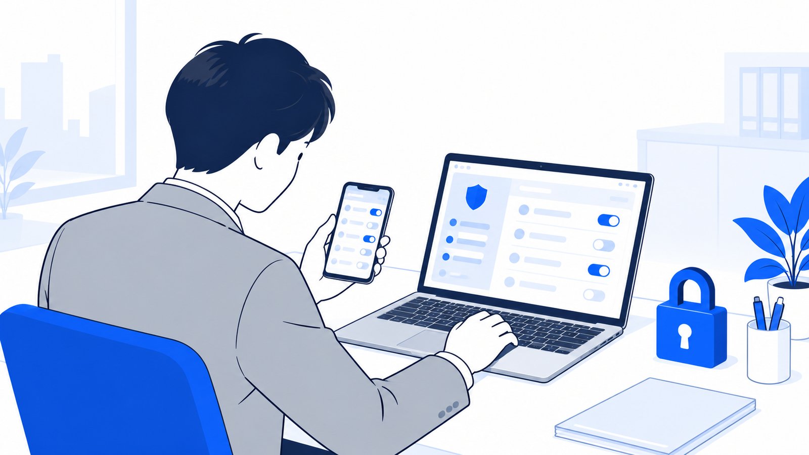 スマートフォンとノートパソコンの横に鍵のアイコンが置かれ、設定を見直している会社員
